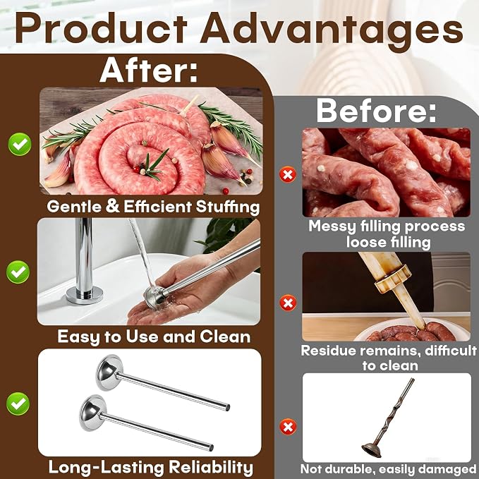 2-Pack 10mm Stainless Steel Sausage Stuffing Tubes for #5 Sausage Stuffer | Fit to Homemade Snack Sticks & Breakfast Links, Slim Sausage Stuffing Horn,For Manual/Electric Meat Sausage Stuffer