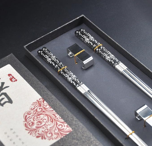 Metal Chop Sticks Reusable Dishwasher Safe with Holder, SUS 304 Stainless Steel Chopsticks, Elegant Chopsticks Reusable Non-Slip Design Gift Set (Metal)