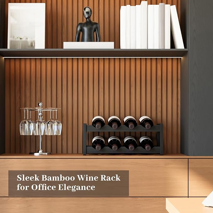 Wine Rack,Bamboo Wine Storage Cabinet Shelf,Countertop Wine Shelf- Freestanding Wine Holder for Kitchen & Pantry (Black, 2-Tier)
