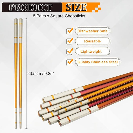 uxcell 8 Pairs Stainless Steel Chopsticks, 23.5cm / 9.25 Inch Metal Chop Sticks Square Lightweight Chopsticks Tableware Accessories Bulk for Home Kitchen Hot Pot Cooking, Colored Purple
