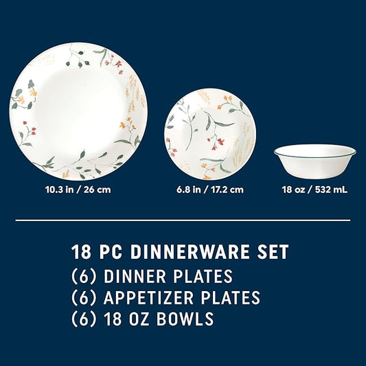 Corelle Vitrelle 18 Piece Glass Dinnerware Sets Service for 6, Triple Layer Chip & Crack Resistant Glass Plate and Bowl Sets, Wildflower