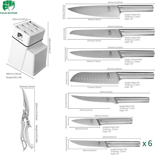 FULLHI 14pcs Knife Block Set, Dishwasher Safe Kitchen Knife Set with Built-in Sharpener, Stainless Steel Chef Knives Set with Knife Holder Kitchen Scissors