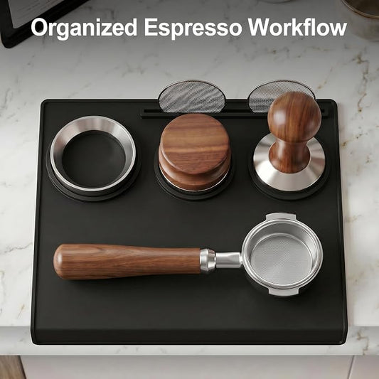 Espresso Tamping Mat, 90° Corner Silicone Coffee Bar Mat for 51/54/58mm Portafilters, Drawer-Friendly Tamper Mat with Tamper, Distributor & Puck Screen Slots, Countertop Protector, Black