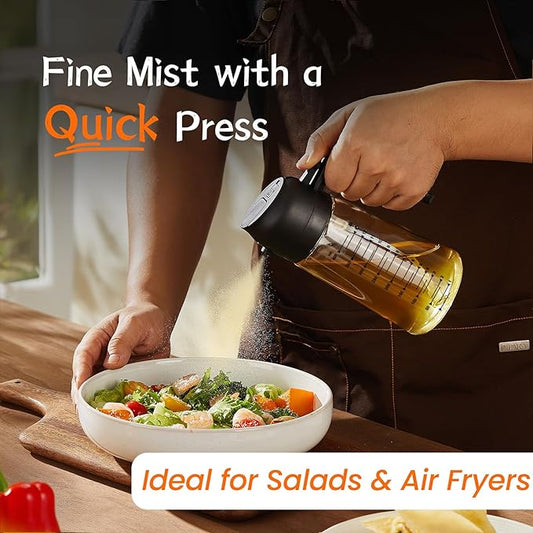 TrendPlain 16oz/470ml Glass Olive Oil Sprayer for Cooking – 2 in 1 Olive Oil Dispenser Bottle for Kitchen Gadgets and Air Fryer Accessories, Salad, BBQ - Black & Green