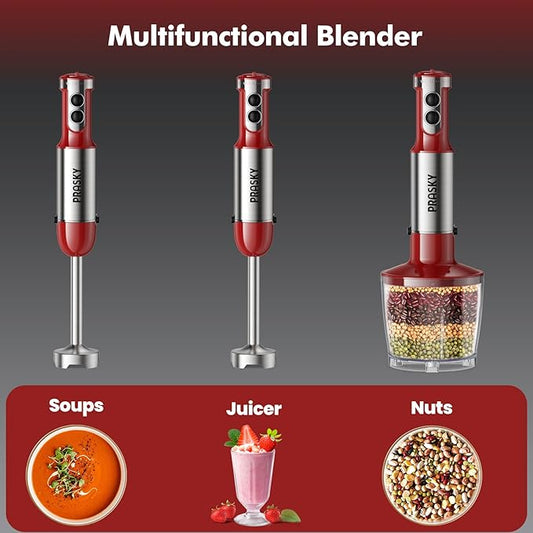 Immersion Blender Handheld,1200W Hand Blenders, 20 Speed & Turbo Mode Hand Held Blender, Stainless Steel Blades, Milk Frother Wand, Whisk, 600ml Beaker, 500ml Chopper (Red)