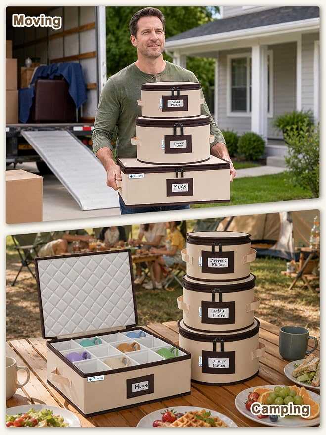 punemi Fine China Storage Containers, 5-Piece Hard Shell Set for Moving | Quilted dish protectors; with dividers, stackable organizer for coffee mug plates and dinnerware, for packing & moving, beige