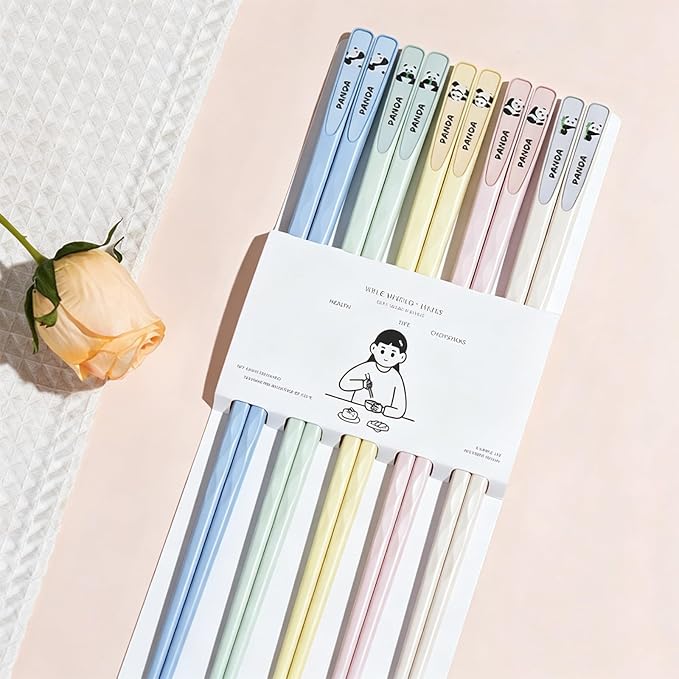 Cute Panda Fiberglass Chopsticks – Dishwasher Safe & Heat-Resistant, Non-Slip Matte Finish, 9.57” (24.3cm) Lightweight Reusable Chop Sticks, 5 Pairs