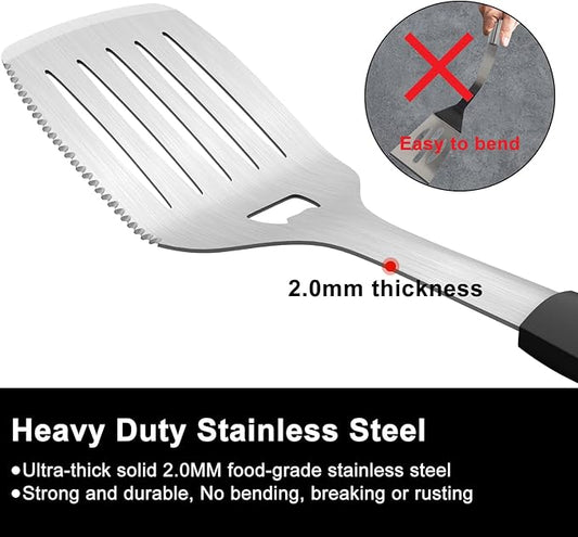 Grill Tools BBQ Accessories Set of 2, 15.8'' Heavy Duty Stainless Steel Grill Utensils with Grill Spatula and Fork, Full Tang Silicone Handle, Outdoor Grilling Tools Barbecue Accessories
