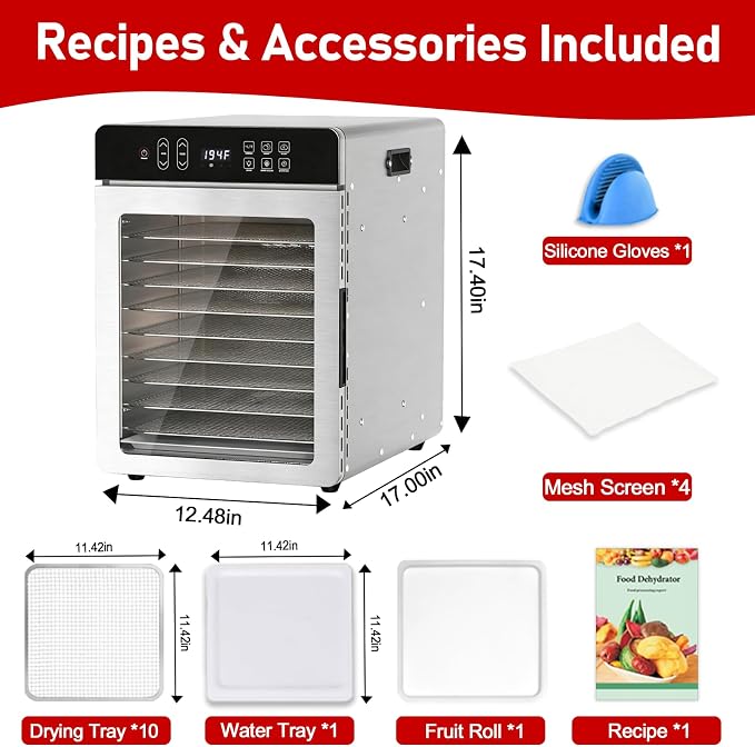 10-Tray Dehydrator, 9.1ft², 800W, 194°F & 24H Timer for Jerky, Fruit, Meat | Large Capacity Stainless Steel Commercial Food Dehydrator 24H Time Control