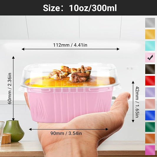 EUSOAR Cupcake Liner, 50pcs 10oz Pink Foil Mini Flan with Lids, Loaf Pans Aluminium Tins for Baking, Disposable Creme Brulee Cups Dessert Containers for Pie Souffle, Cake Holder for Party Serving
