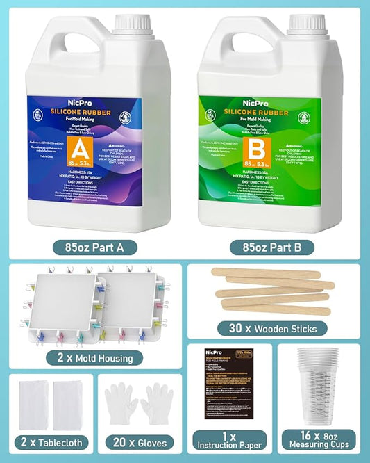 Nicpro 170oz Silicone Mold Making Kit 15A, Translucent Silicone Rubber, Non-Toxic Flexible & Food Safe Mold Kit, Mix Ratio 1:1 Casting Silicone for Resin with Frame Housing