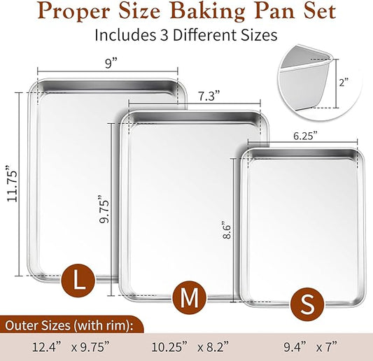 TeamFar Baking Pans Set of 3, Stainless Steel Deep Cookie Cake Pan for Home Baking, 12.5/10.5/9.4” Rectangle Bakeware Set for Bread/Casserole/Lasagna, Healthy & Sturdy, Dishwasher Safe