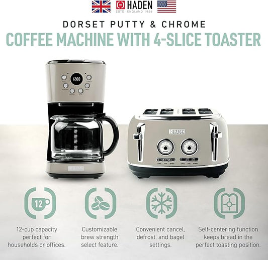 Haden 12 Cup Programmable Drip Coffee Maker Coffee Machine Bundled with Dorset 4 Slice Wide Slot Stainless Steel Toaster, Putty & Chrome
