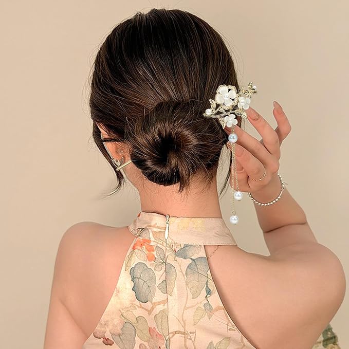 2Packs Lily of the Valley Chinese Hair Sticks for Buns, Pearl Flower Vintage Metal Hair Chopsticks for Women and Girls Dangle Tassel Pendant Hair Accessories Hanfu Handmade Decor Hairpin (beige)