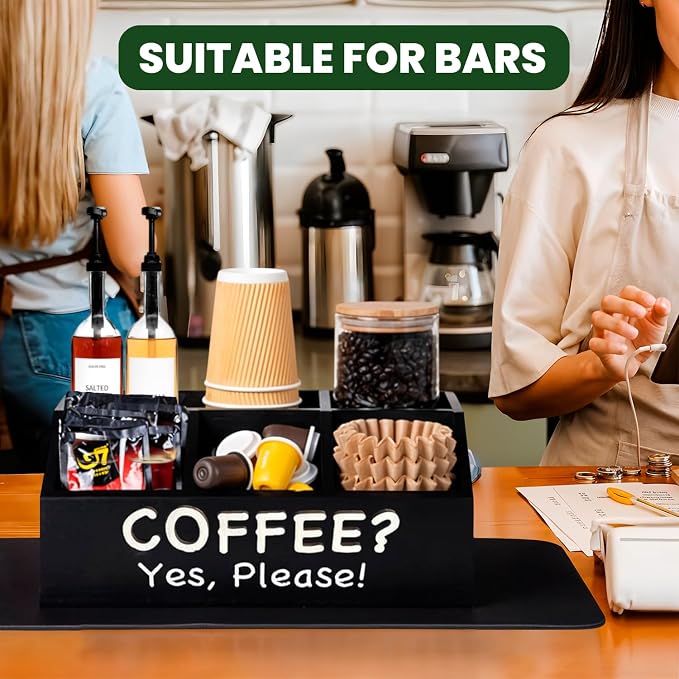 Modern Chic Coffee Bar Organizer + Coffee Mat - Countertop Coffee Station with Removable Drawers - Black