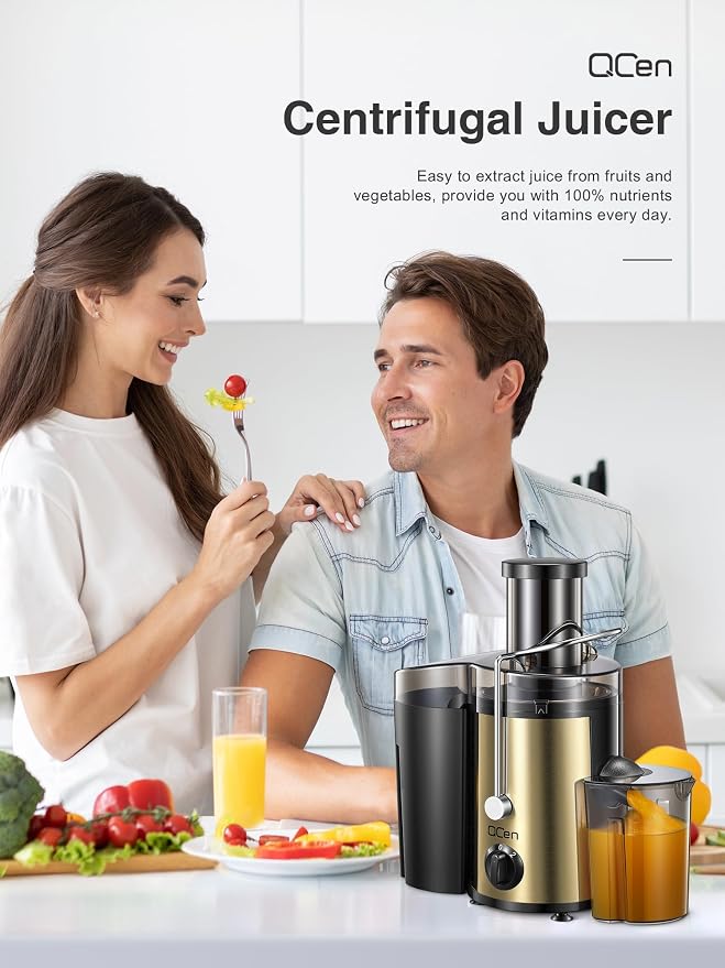 QCen Juicer Machine 500W Centrifugal Juicer with Extra Wide Feed Chute | For Fruits And Vegetables, Stainless Steel, BPA-Free Parts, Easy To Clean, Gold Finish, Compact Countertop Juicer