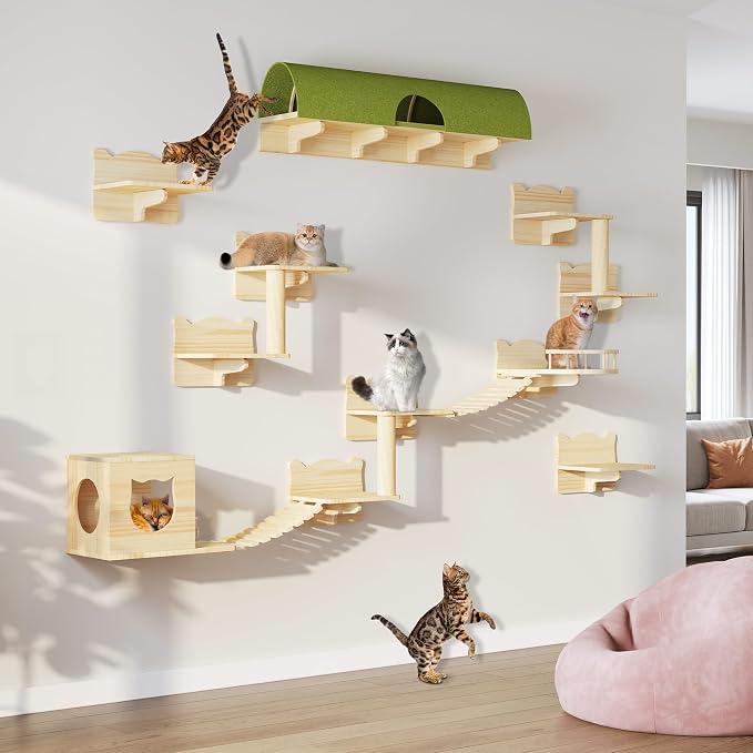 Cat Wall Shelves, 16-in-1 Cat Wall Furniture Set w/Tunnel & Bridge | Multi-Level Floating Cat Shelves for Space Saving, Solid Wood Cat Climbing System with Scratching Posts, 2 Condos, Burlywood
