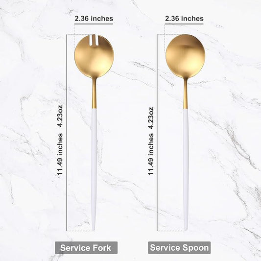 Lemeya White Gold Salad Serving Utensils,Serving Spoons Stainless Steel,2Pcs Long Handle Salad Servers 11.42 Inch,Salad Utensils for Serving,Matte Finish,Dishwasher Safe