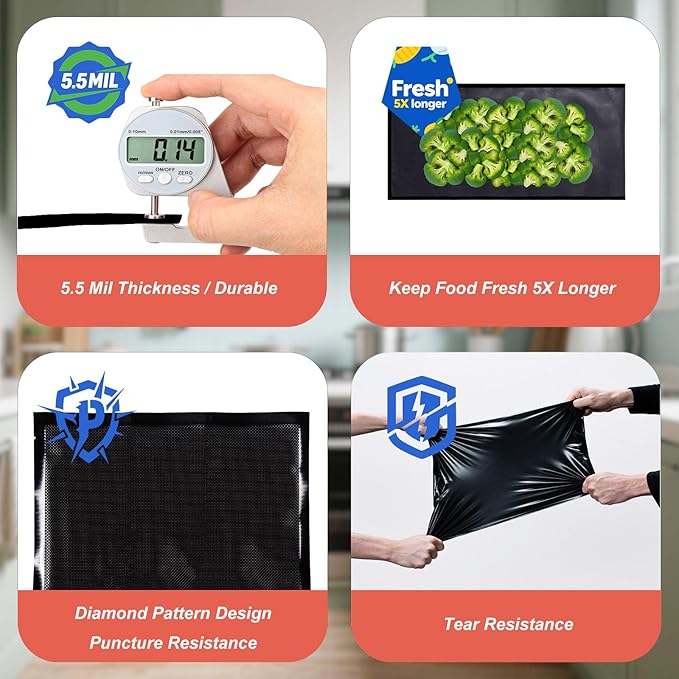 Black and Clear Vacuum Sealer Bags 11" x 24", 5.5 Mil Precut Vacuum Seal Bags for Food Storage, Sous Vide, and Meal Prep, Heavy Duty Commercial Grade, 50 Count