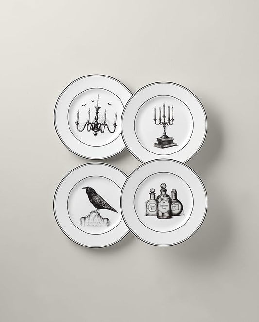 Lenox Dinnerware Set, Vintage Halloween 4-Piece Dessert Plate Set, Assorted, Set of 4 Ivory Porcelain Plates, Dishwasher Safe, Halloween Decor Indoor, Party Table Decorations (Black/White, 4 Piece)
