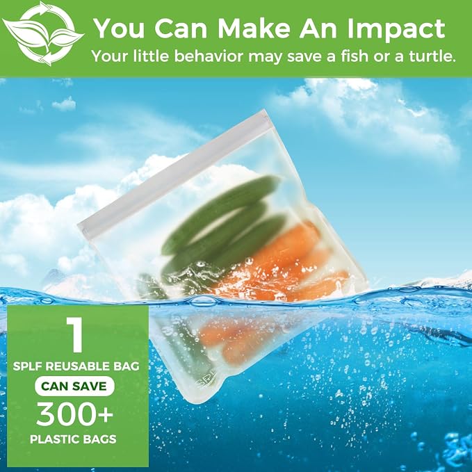 SPLF 9 Pack Reusable Gallon Freezer Bags Dishwasher Safe, Gray | BPA Free 1 gallon Leakproof Silicone and Plastic Free Food Storage Bags for Meal Prep, Fruits, Sandwich, Snack, Travel Items