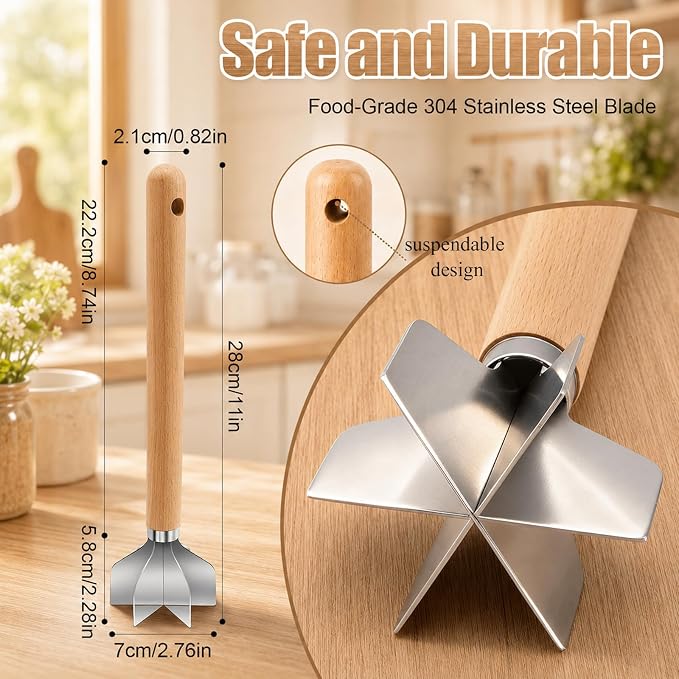 304 Stainless Steel Meat Chopper, 6-Blade Heavy Duty Ground Beef Meat Masher, 11 Inch Food Grade Hamburger Smasher Metal Kitchen Tool for Vegetable Puree Cooking