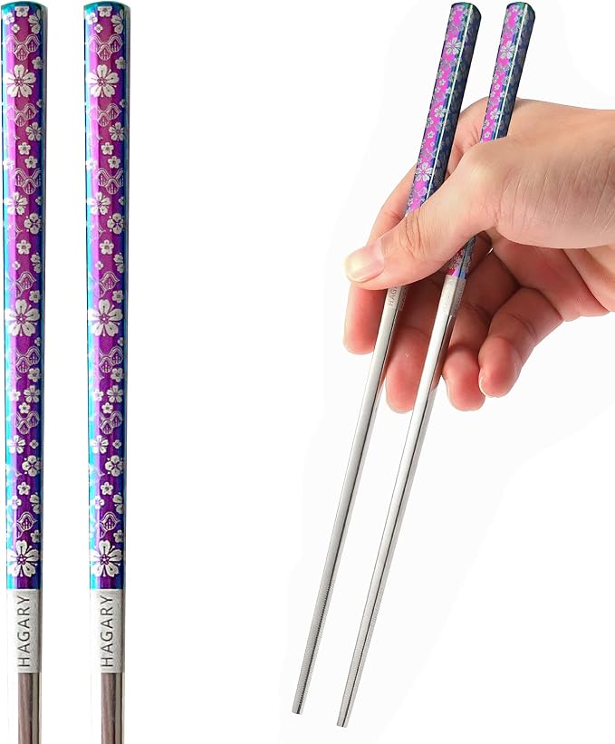 Hagary Cherry Blossom Rainbow Chopsticks Metal Chopsticks Reusable Designed In Korea Japanese Style Stainless Steel 316 18/10 Non-Slip Dishwasher Safe (2 Pairs)