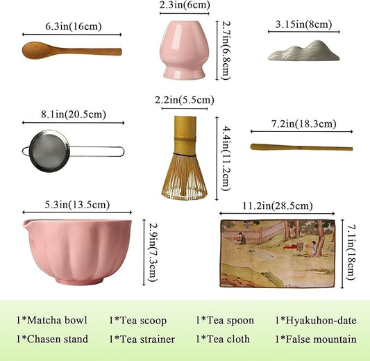 Matcha Whisk Set, Ceramic Matcha Bowl with Whisk & Holder, Bamboo Scoop & Spoon, Scoop Rest, Sifter and Tea Towel- 8 Pcs Matcha Kit for Matcha Lovers (Pink)