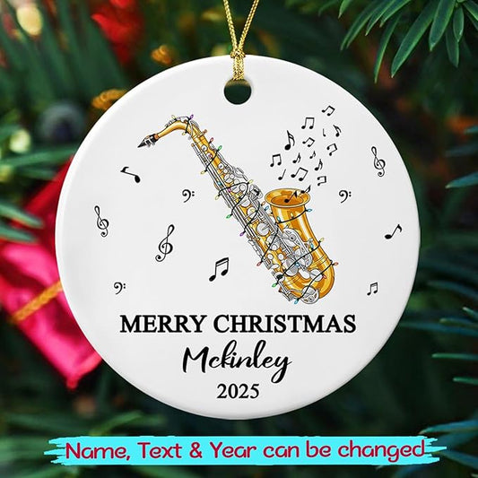 Customized Year Text Name Alto Saxophone Player Ceramic Ornament, Personalized Alto Saxophone Instrument Xmas Ornaments Gift for Women Men Friends Husband Wife, Unique Musical Lover Ceramic Ornament