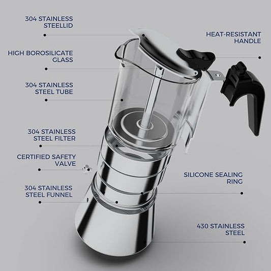 Stovetop Espresso Maker, Crystal Glass-top & Stainless Steel Espresso Moka Pot,Classic Italian coffee maker(360ml)