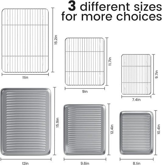 Baking Sheet with Wire Rack Set: 3 Baking Pans + 3 Cooling Racks for Cooking and Baking - Stainless Steel Nonstick Bacon Pans for Oven, Warp Resistant & Heavy Duty & Rust Free