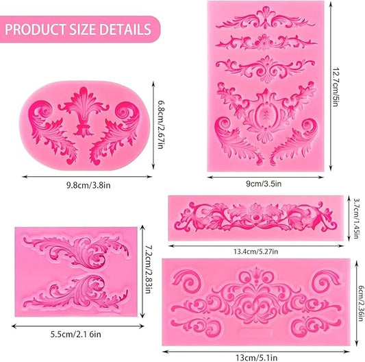 5 Pcs Baroque Silicone Molds Baroque Style Curlicues Scroll Lace Fondant Silicone Mold Scroll silicone Baroque Mold Relief Flower Lace Mould for Wedding Birthday Cake Decoration