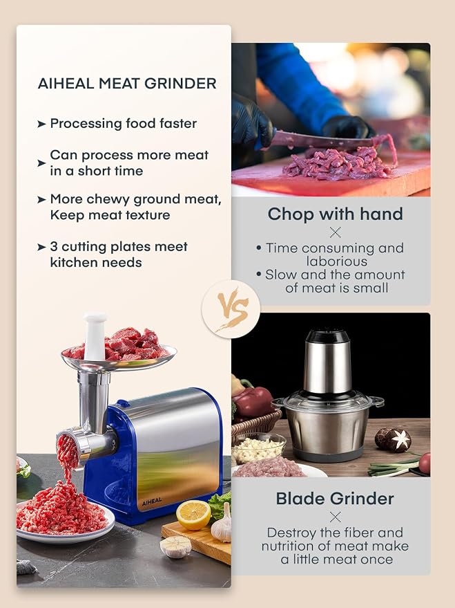 Electric Meat Grinder, Sausage Stuffer with 3 Sausage Tubes, 2 Blades, 3 Plates, 3200W Max, Meat Grinder Heavy Duty for Home Kitchen Use, Stainless Steel (Blue)