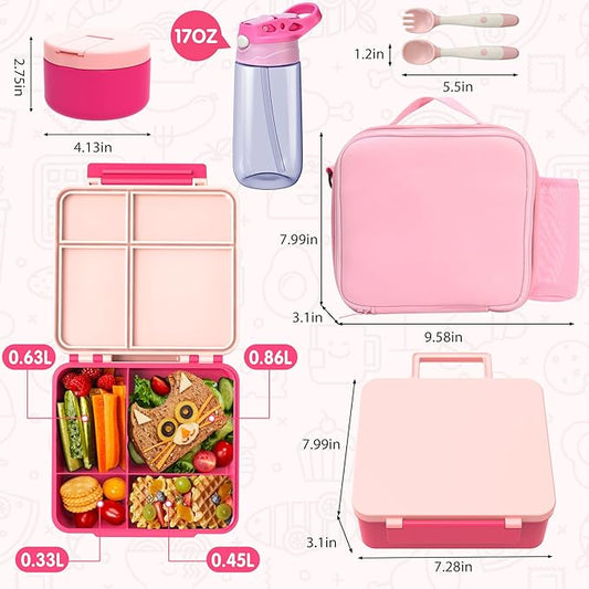 Kids Bento Lunch Box with 4 Compartments, Insulated lunch Bag, Water Bottle, Stainless Steel Food Jar, Birthday Gifts for Ages 3-12 Back to School Toddler Girls Boys