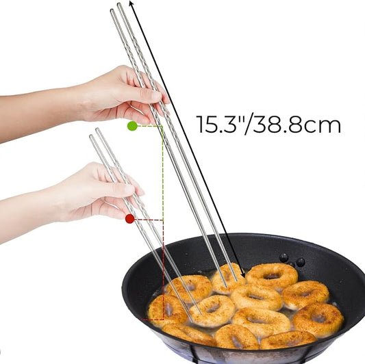 Hiceeden 12 Pairs 15 Inches Extra Long Cooking Chopsticks, Stainless Steel Reusable Frying Chopsticks, Metal Japanese Korean Chinese Hotpot Chopstick with Anti-Slip Threaded for Noodles, Silver