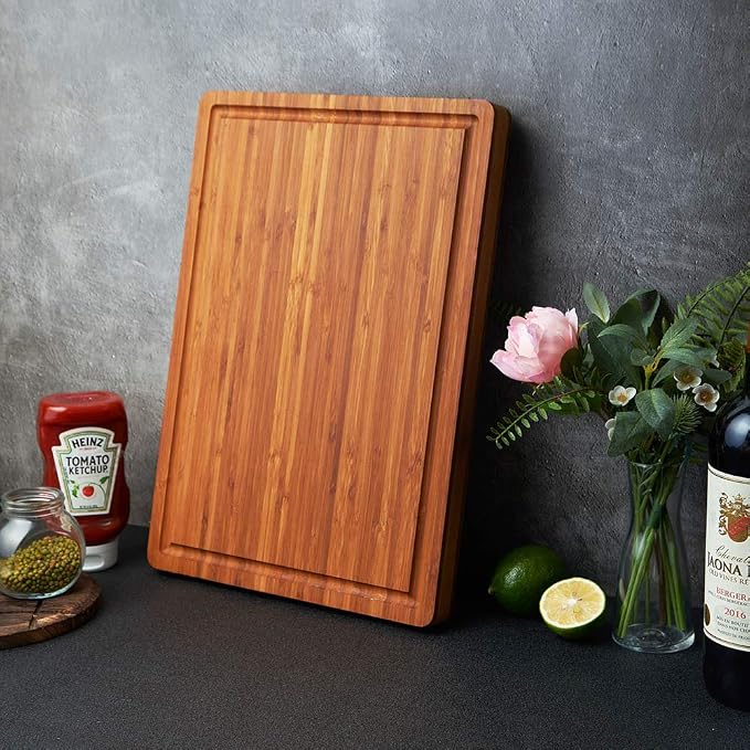 Allsum Extra Thick Wood Cutting Board for Kitchen, Reversible and Durable | 1” thick carbonized bamboo butcher block - resists warping - with handles, juice groove - charcuterie board for party