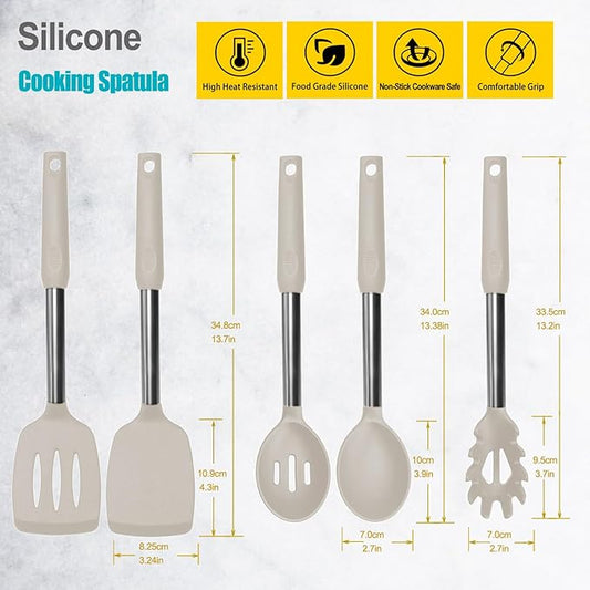 Silicone Spatula and Cooking Spoon,5 Pack Non-Stick Cooking Utensils for Kitchen,Heat Resistant Solid & Slotted Spoons and Spatulas, Stainless Steel Handle Coated with Silicone, Khaki