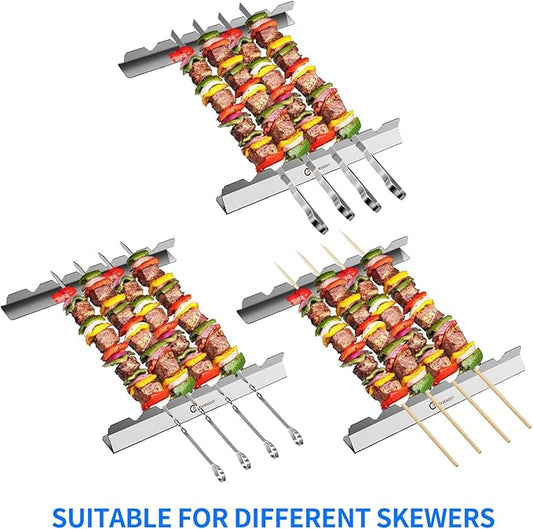 Kabob Skewers Stainless Steel Long BBQ Barbecue Skewers, Flat Metal Kebob Sticks Wide Reusable Grilling Skewers for Meat Chicken,Set of 9 Including 2 barbeecue rack with Storage Bag