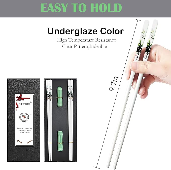 Porcelain Chopsticks, Green Bamboo,2 Pairs with Ceramic Holder | Reusable, Delicate Box,Dishwasher Safe, Chinese Japanese Korean Classic Stylish