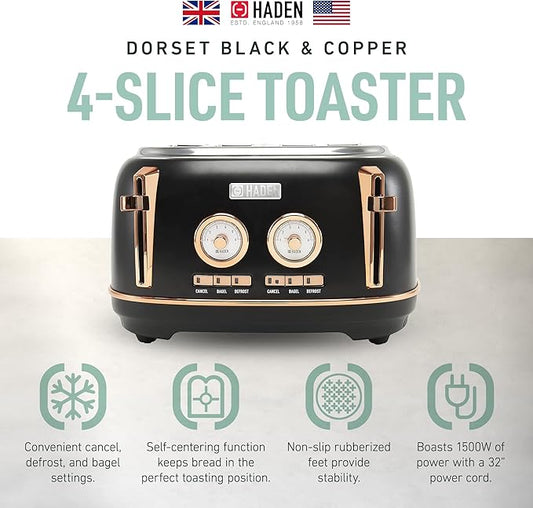 Haden Dorset 4 Slice Wide Slot Stainless Steel Toaster with Adjustable Browning Control & Non-Slip Feet, Black & Copper