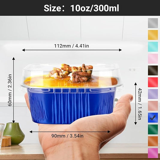 EUSOAR Creme Brulee Ramekins Disposable, 50pcs 10oz Cupcake Liners Foil Baking Cups with Lids, Aluminum Muffin Cups Square Dessert Wrappers Mini Cake Loaf Bread Pans for Wedding Birthday Party