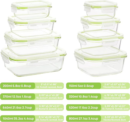 Vtopmart 8 Pack Glass Food Storage Containers with Airtight Lids | Meal Prep Lunch Containers, Leakproof, Leftover Storage, Take-out, Microwave, Oven, Freezer and Dishwasher Safe, BPA Free