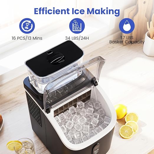 COSTWAY Countertop Ice Cube Maker with External Water Tank, 16Pcs Ready in 6 Mins, 34Lbs/24H Portable Ice Machine with 13 Thickness Levels, Self-Cleaning, 24H Reservation for Home Office Bar, Black