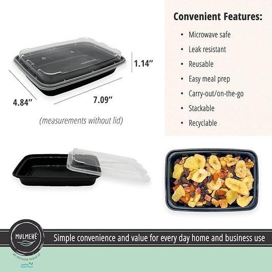 MULMEHË Plastic Meal Prep Take-Out Container and Lid Combo, 12 oz, Microwaveable, Rectangular, Black, 5.5x2.5x1.5”, Set of 150