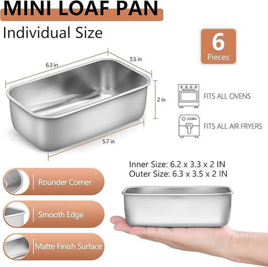 LIANYU 6 Pack Mini Loaf Pan Tins for Baking Bread, 6.3 x 3.5 Inch Stainless Steel Small Bread Loaf Pan for Homemade Meatloaf, Tin Loaf Baking Pan Perfect for Banana Sourdough Sandwich, Dishwasher Safe