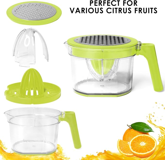 Manual Lemon Squeezer - Multifunctional Citrus Hand Juicer, Green | Lemon Lime Squeezer, 16.9oz Capacity Orange Juicer, Detachable Comfortable Grip Handle, Built-in Measuring Cup and Grater