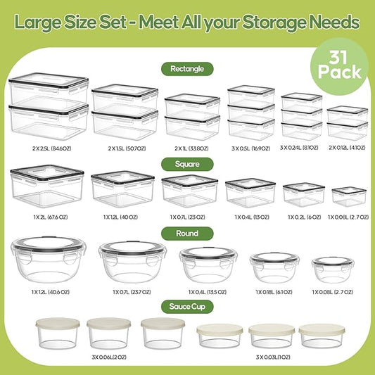 62 PCS Large Food Storage Containers with Lids Airtight (31 Lids &31 Containers) - Leakproof Meal-Prep Containers for Kitchen Storage Reusable Plastic Microwave/Dishwasher Safe with Labels & Pen