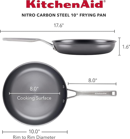KitchenAid NITRO Carbon Steel Frying Pan/Skillet, Stainless Steel Handle, Compatible with All Cooktops, 10 Inch Open Fry Pan - Black