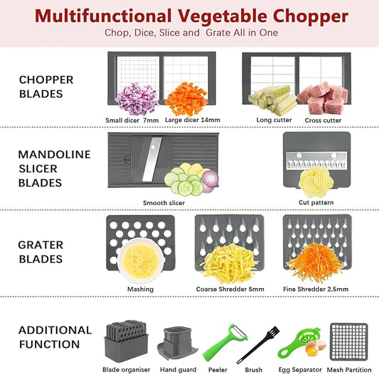 Vegetable Chopper, Onion Chopper Dicer, Mandoline Slicer, Food Chopper with Container, Vegetable Cutter for Salad Potato Carrot Garlic(9 Blades, Grey)