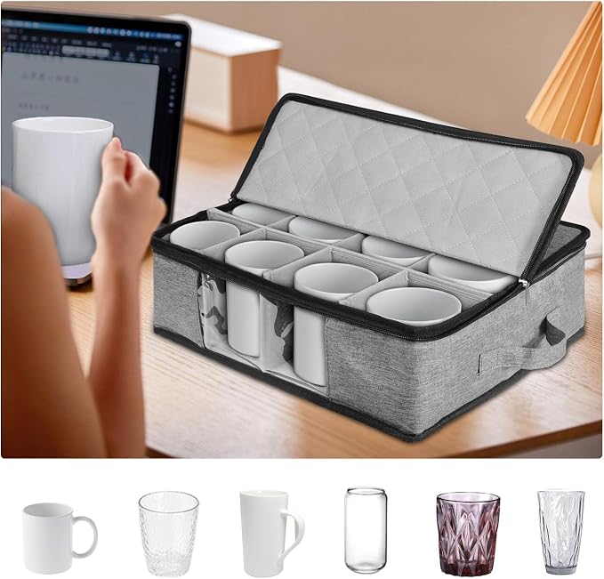 Coffee Cup Storage Organizer, Mug Boxes with Dividers, Stackable & Hard Shell China Mug Boxes with Sturdy Handle, Tea Cup Storage Holds 12 Mug or Glass Cup